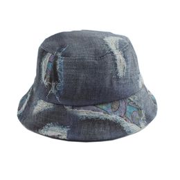 Vintage Washed Denim Cotton Foldable Fisherman patterned bucket hat for Men and Women - Fashionable Bob Cap for Hip Hop and Panama Style