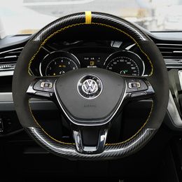 New 5D carbon Fibre and suede yellow thread steering wheel hand sewn cover for Volkswagen Golf 7 Mk7 Passat B8