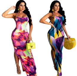 LS6441 European and American Summer Women's Dresses Slim Strap Painted Printed Dress