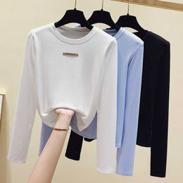 Spring Top T Shirt Women Casual Long Sleeve T-Shirt Korean Style Woman Clothes Slim Basic Cotton Tshirt Female Blue White 210604