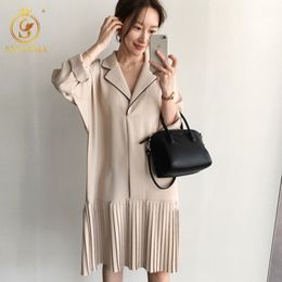 Spring Dress Women Pleated Loose Long Female Clothes Fashion Vestidos Casual Patchwork Dresses 210520