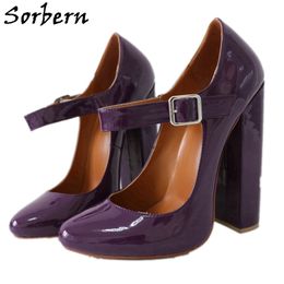 Sorbern Purple Women Dress Shoes Pump Mary Janes Round Toe Block Heels Fetish Shoe Crossdresser High Heeled Big Size EU34-EU48 Custom Colours