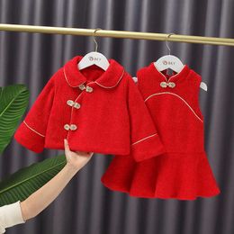 Baby Girls Dress Chinese Red Tang Suits Winter Traditional Year Clothes Toddler Thicken Woollen Warm Vest Dress+Coat Set 210529