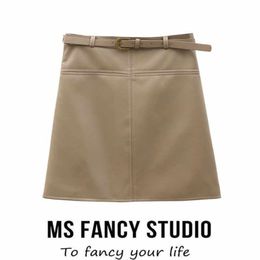 Black Self Belt Women Vintage Steetwear PU Skirt Autumn Vintage A-Line Faux Leather Skirt Winter Mini Skirts Faldas 210604