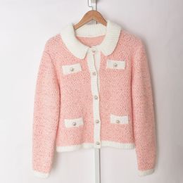 2021 Autumn Fall Long Sleeves Lapel Neck Pink / Blue Sweater French Style Glitter Woollen Knitted Panelled Contrast Trim Single-Breasted Cardigan Sweaters G121015