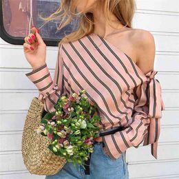 Women One Shoulder Tops Striped Long Sleeve Blouses Bow Casual Elegant Office Ladies Blouse Female Sexy Shirts Fashion 210522