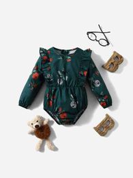 Baby 1pc Floral Print Ruffle Trim Bishop Sleeve Bodysuit SHE