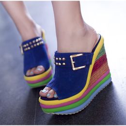 Outdside Slippers New 2021 Womens Sandals Colourful Wedges High Heels Ladies Platform Peep Toe Female Slides Fashion Woman Shoes
