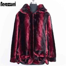 Nerazzurri Winter faux fur coat women long sleeve turndown collar Warm elderly clothing Thick sheared mink fur coats for women 210910