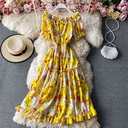 Summer Off-the-shoulder Floral Dress Sexy Slash Neck Puff Sleeves Ruffled Waist Thin and Large Chiffon Long C082 210507