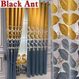 Nordic Luxury Golden Leaf Semi-Blackout Curtain For Living Room Villa Bedroom Hollow-Out Velvet Embroidered Window DrapesZH440#3 210913