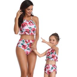 Fashion Family Matching Swimwear for Kids Mommy Daughter Floral Bathing Suit Holiday Costume 210529