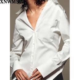 women poplin shirt Johnny collar long sleeves asymmetric hem button-up front Female top Mujer 210520