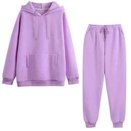 Autumn Hoodies Women Two Piece Set Solid Fleece Oversized Tracksuits Winter Thick Warm Hooded Sweatshirt Jogger Pants Suit Y0625