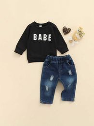 0-3 Years Boys Casual Two-piece Clothes Set Letters Printed Pattern Round Collar Sweatshirt Elastic Waist Jeans Brown/ Black G1023