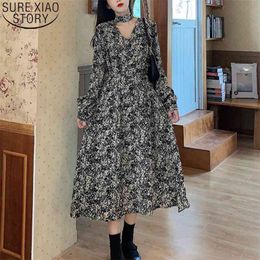 French V-neck Floral Long Dress Vintage es Women Marble and Leaf Print Autumn Winter Elegant es 13079 210506