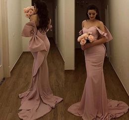 Rose Pink Long Mermaid Bridesmaid Dresses With Big Bow Off Shoulder Vestido longo Maid of Honor Wedding Guest Party Dress