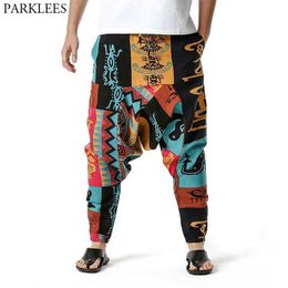 Men's Hip Hop Baggy Harem Low Crotch Pants African Pattern Print Genie Hippie Pants Cotton Casual Harajuku Joggers Sweatpants X0723