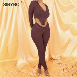 Sibybo Hooded Full Sleeve Matching Sets Women Autumn Irregular Zipper Top Long Pants Set 2 Piece Casual Activity Tracksuit 2020 Y0625