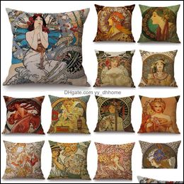 Pillow Case Bedding Supplies Home Textiles & Garden Vintage European Art Nouveau Mucha Sofa Ers Decorative Pillowcase Beautif Girl Pattern C