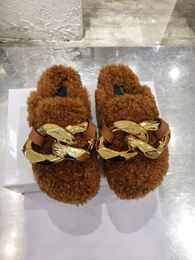New Slippers Winter Real Fur Metal Chain Mules Women Shoes Loafers Round Toe Casual Furry Slides Fluffy Hairy Flip Flops