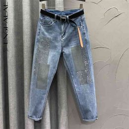 Drill Jeans Women's Spring High Waist Contrast Colour Denim Radish Harlan Pants Female Fashion 5B920 210427