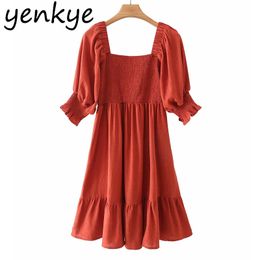 Spring Women Solid Cotton Dress Female Elegant Square Neck Half Sleeve Casual Short Vestido 210430