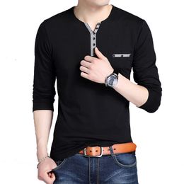 100% Cotton T Shirt Men Spring Autumn Long Sleeve Button V Neck T-Shirt Men Collar Tee Shirt Male Fashion Casual Tops Black 210518
