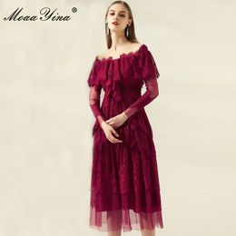 Fashion Designer dress Summer Women's Dress Solid Red Mesh Embroidery Hollow Out Cascading Ruffle Dresses 210524