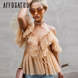 Affogatoo Sexy v neck off shoulder peplum blouse top Women Pleated vintage ruffle mesh blouse shirt Casual summer sleeveless top 210317