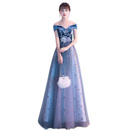 Party dress women blue gray stars embroidery spring summer starry gradient color high quality bandage LR779 210531
