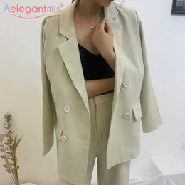 Aelegantmis Office Lady Blazer Jacket Two Piece Set Women Belt Wide Leg Pants Suits Casual Trousers 2 Plus Size OL 210607