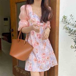 Summer Dress Fashion Elegant Floral Printing Prom Office Lady Party Vintage High Quality Chic Mini 210525