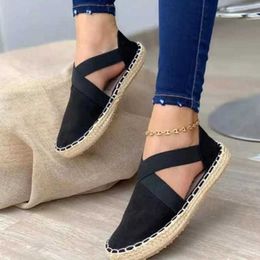 2021 New Women's Flat Shoes Sandals Straw Plus Size Flock Comfortable Ladies Solid Outdoor Leisure Women Concise Y0721