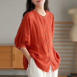 Johnature Women Vintage Linen Shirts Lantern Sleeve Tops Solid Colour O-Neck Blouses Summer Loose Female Shirts 210521