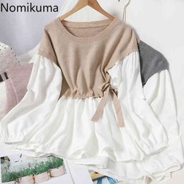 Nomikuma Knitted Patchwork Hit Color Long Sleeve Blouse Korean Bow Tie Slim Waist Shirt New Fake Two Pieces Blusas 6D119 210427