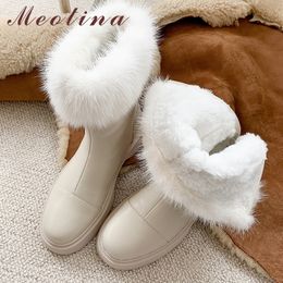 Genuine Leather Snow Boots Woman Platform Med Heel Ankle Thick Shoes Zip Ladies Short Winter Beige 43 210517