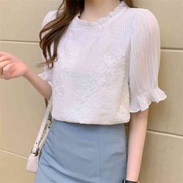 women shirts blouses summer White chiffon Puff sleeve female top office ladies 210507