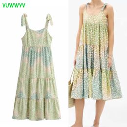 Elegant Print Pleated Midi Dress Women Summer Casual Loose Straps Woman Retro Beach Lazy Style Ladies Slip es 210430