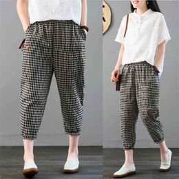 Women Spring Summer Fashion Japan Style Elastic Waist Cotton Linen Plaided Ankle Length Harem Pants Office Lady Casual Trousers 210915
