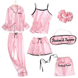 Lingering Warmth Women's 7 Pieces Pyjamas Sets Faux Silk Striped Pyjama Women Sleepwear Spring Summer Autumn Sweet Homewear 210809