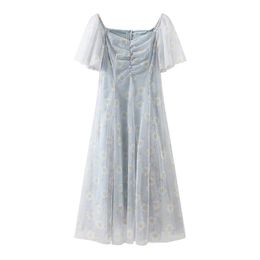 Women Slash Neck Butterfly Sleeve Short A-line Knee Length Dress Summer Blue Mesh Floral Button D1978 210514