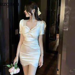 Ezgaga Fashion Bodycon Dress Women Summer New Elegant Short Sleeve Slim High Waist Solid Ruched Sexy Party Dress Vestidos 210430