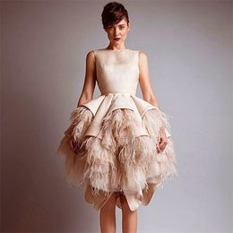 Feather Princess Tail Evening Dresses Sleeveless Tiered Ruffles O Neck Party Gowns Women Prom Dress Mini Above Knee Length Elegant Robe De Soriee