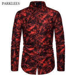 Red Printing Fashion Nightclub Party Sexy Design Shirts Men's Casual Slim Fit Trend Long Sleeve Shirt Men's Clothing 210524