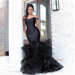 Elegant Black Mermaid Long Prom Dresses Ruffles Organza Off The Shoulder Sexy Graduation Dress Plus Size Formal Party Gowns
