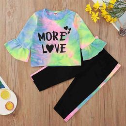 Winter Children Sets Long Sleeve Letter Tie-dye T-shirt Patchwork Black Trousers Cute 2Pcs Girls Clothes 6M-4T 210629