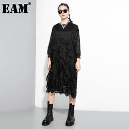 [EAM] Women Black Lace Split Big Size Midi Dress Round Neck Long Sleeve Loose Fit Fashion Spring Autumn 1Z834 21512