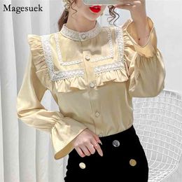 Spitze Langarmshirt Cardigan Lose Elegante weiße Bluse Hemden Frauen Koreanische Süße Rüschen Vintage Top Femme 12477 210427
