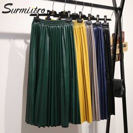 Surmiitro PU Leather Midi Skirt Women Spring Autumn Winter Long Korean Elegant Office Pleated High Waist Skirt Female 210712